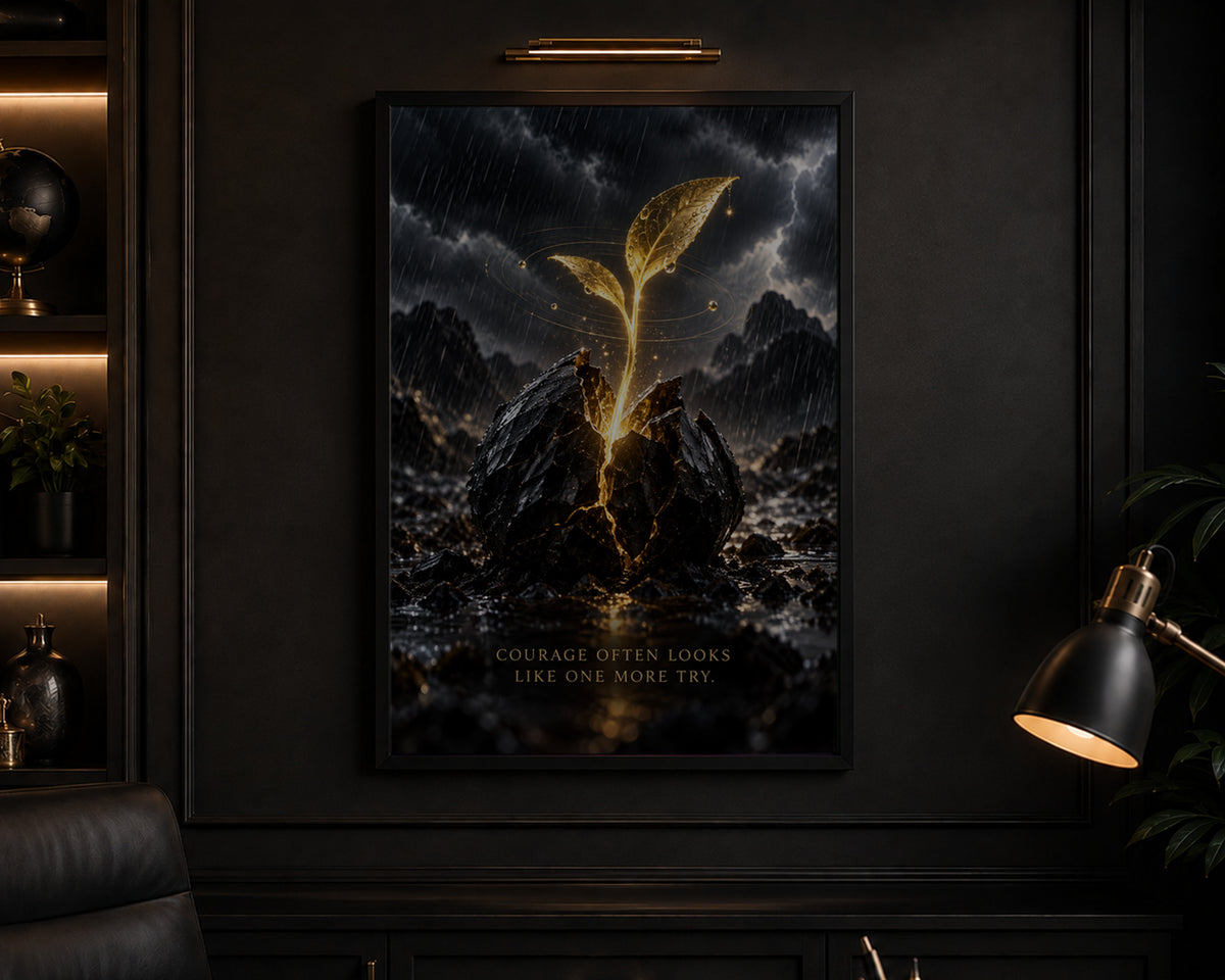 Golden Sprout in the Storm – Courage Often Looks Like One More Try Art Print