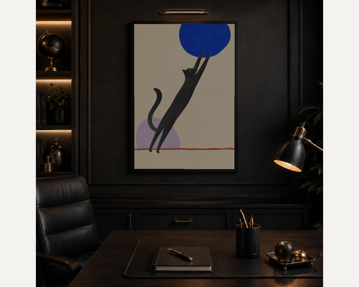Black Cat and Blue Circle – Minimalist Cat Art Print