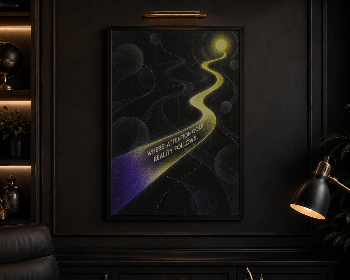 Where Attention Goes, Reality Follows – Abstract Typography Poster