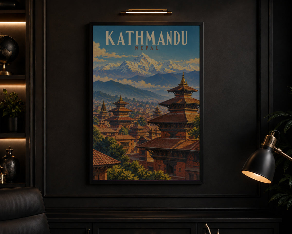 Kathmandu Nepal Mountain Cityscape – Vintage Himalayan Travel Art Poster