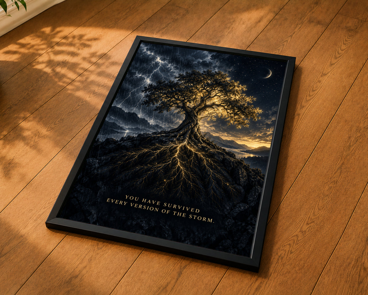 Stormlit Tree of Resilience – Resilience Quote Fantasy Poster