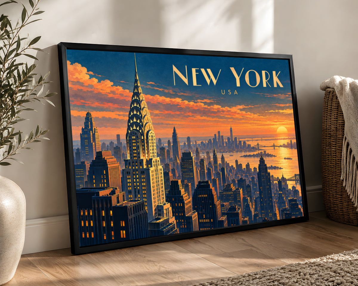 New York Sunset Skyline – Chrysler Building Cityscape Art Print