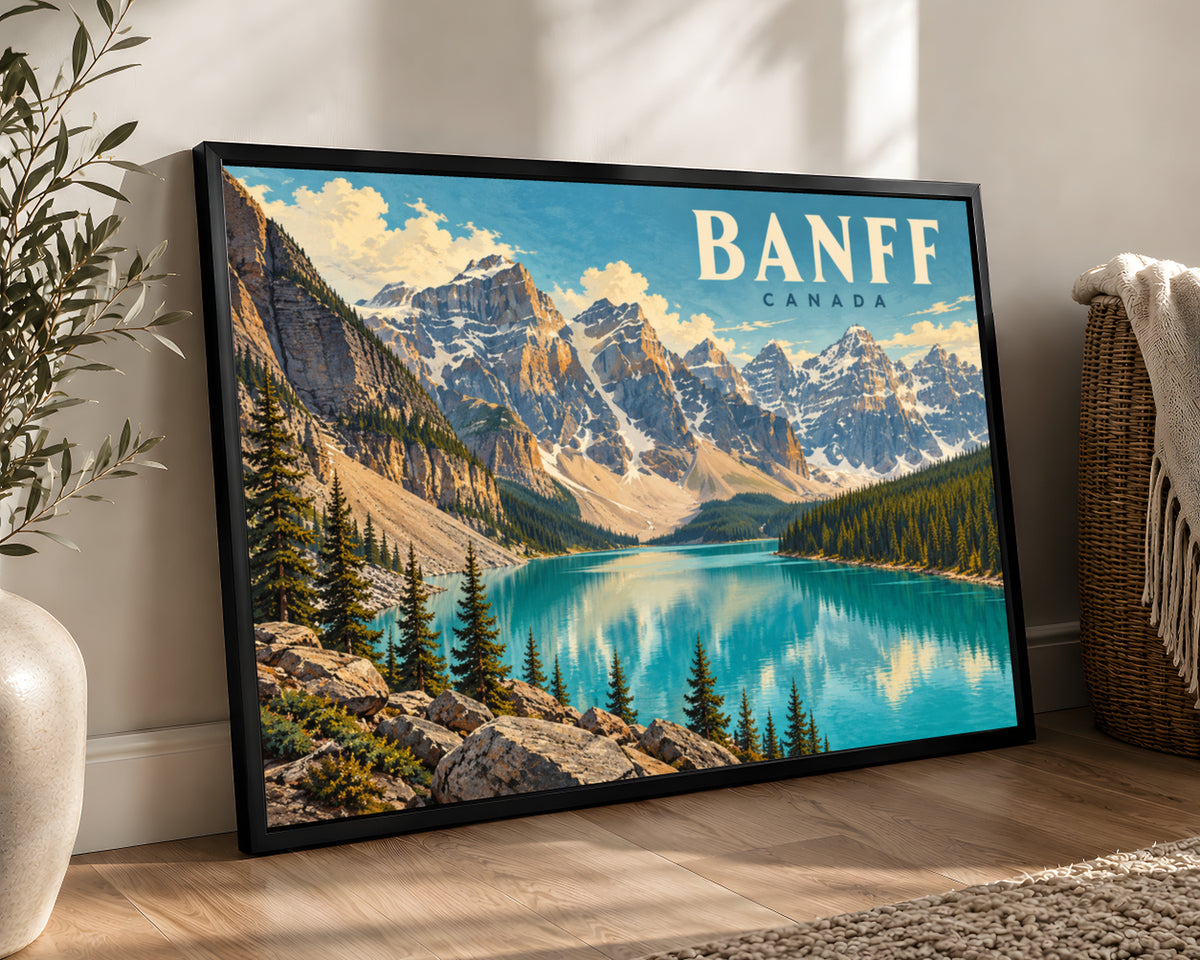 Banff Canada Mountain Lake Poster – Retro Scenic Travel Print Wall Art