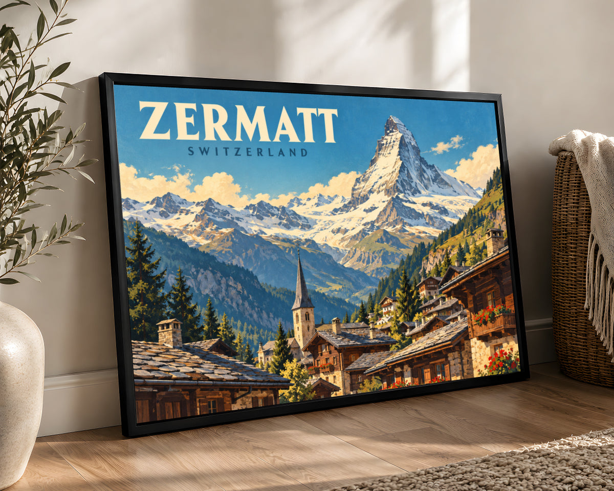 Zermatt Mountain Village – Swiss Alpine Travel Poster