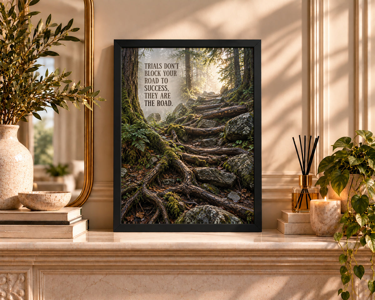 Trials on the Road – Inspirational Forest Path Poster