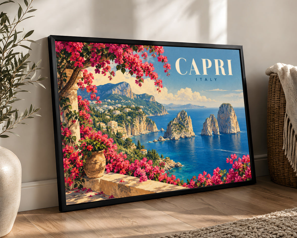 Capri Coastline with Bougainvillea – Vintage Travel Poster Art Print