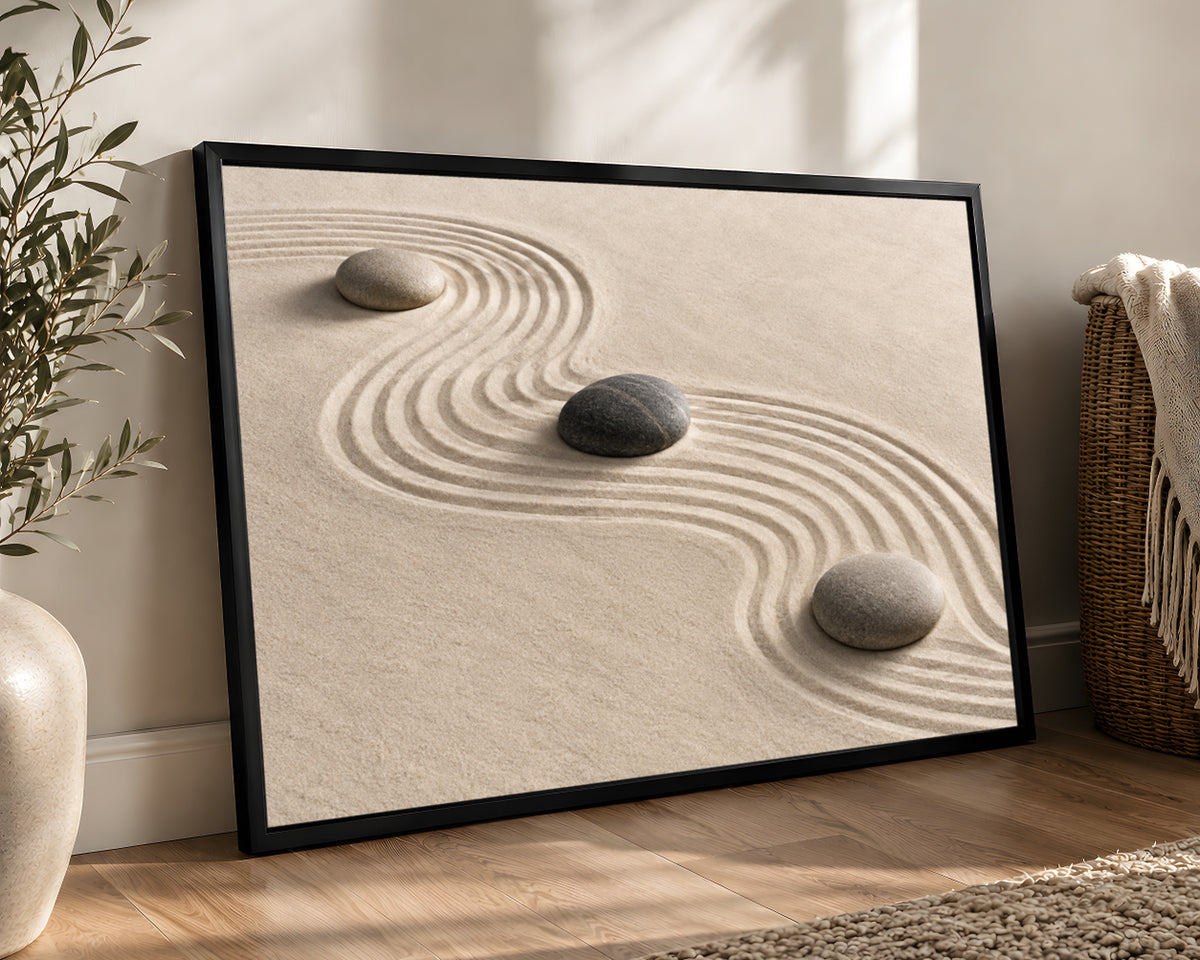 Zen Sand Ripples with Stones – Minimalist Calm Wall Art