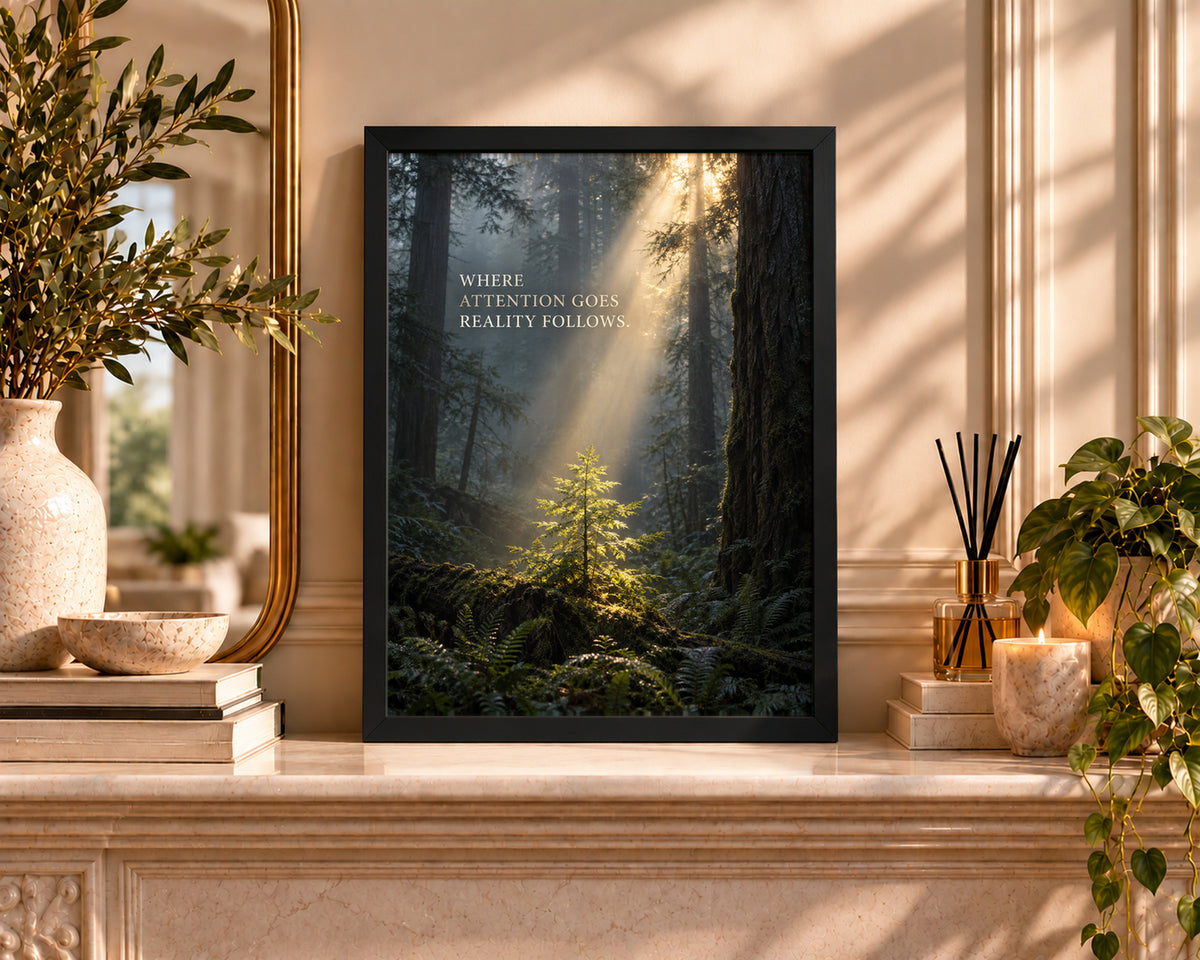 Where Attention Goes Reality Follows – Forest Sunbeam Poster
