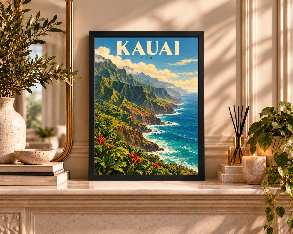 Kauai Coastline – Vintage Tropical Travel Art Print