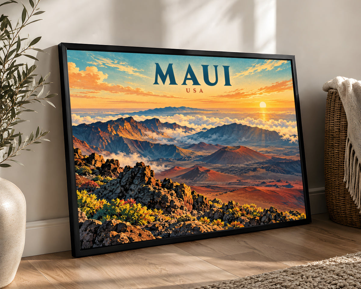 Maui Sunrise Landscape – Vibrant Travel-Poster-Style Maui USA Wall Art