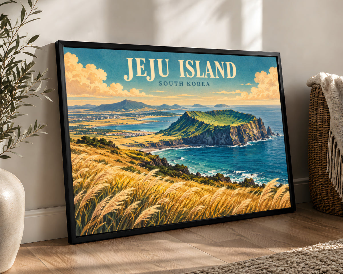 Jeju Island Coastal View – Retro Travel Landscape Art Print