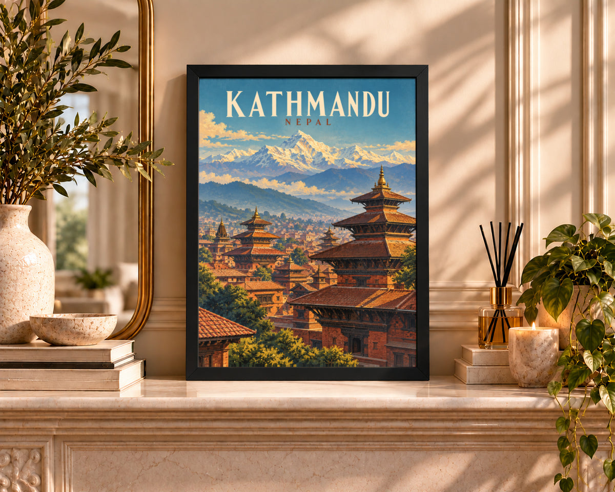 Kathmandu Nepal Mountain Cityscape – Vintage Himalayan Travel Art Poster