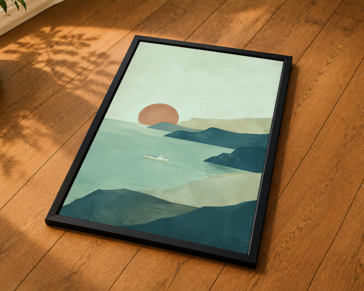 Coastal Sunset Sail – Minimal Coastal Landscape Art Print