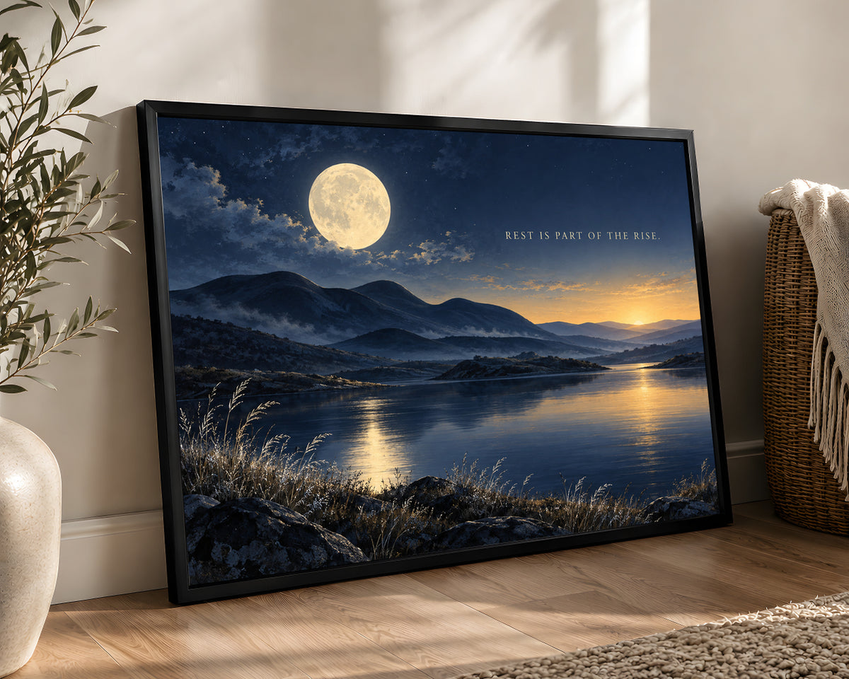 Rest Is Part of the Rise – Moonlit Mountain Lake Quote Art Print
