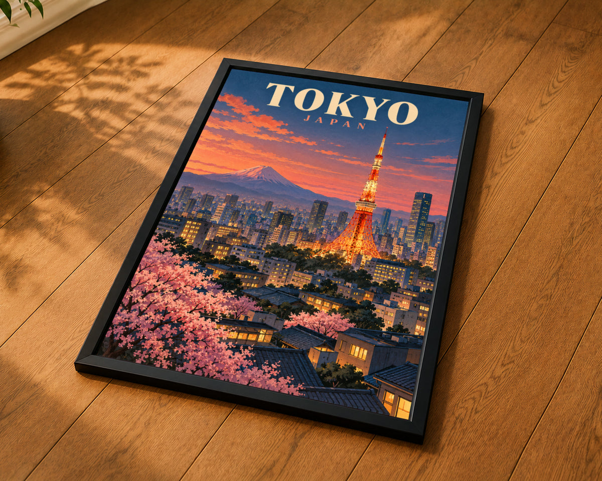 Tokyo Sunset Skyline – Retro Travel Poster Art Print