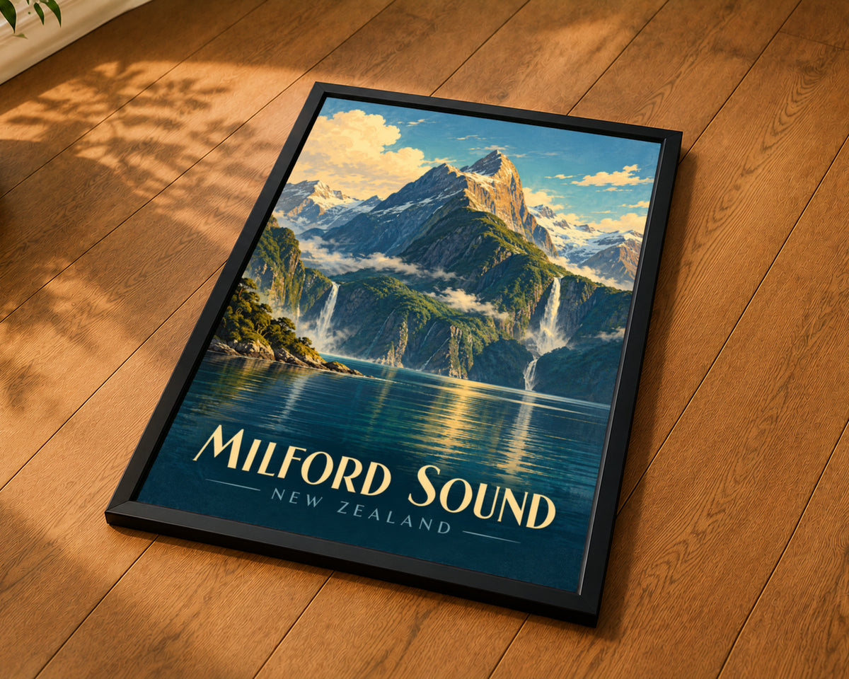 Milford Sound – Retro Fjord Landscape Art Print