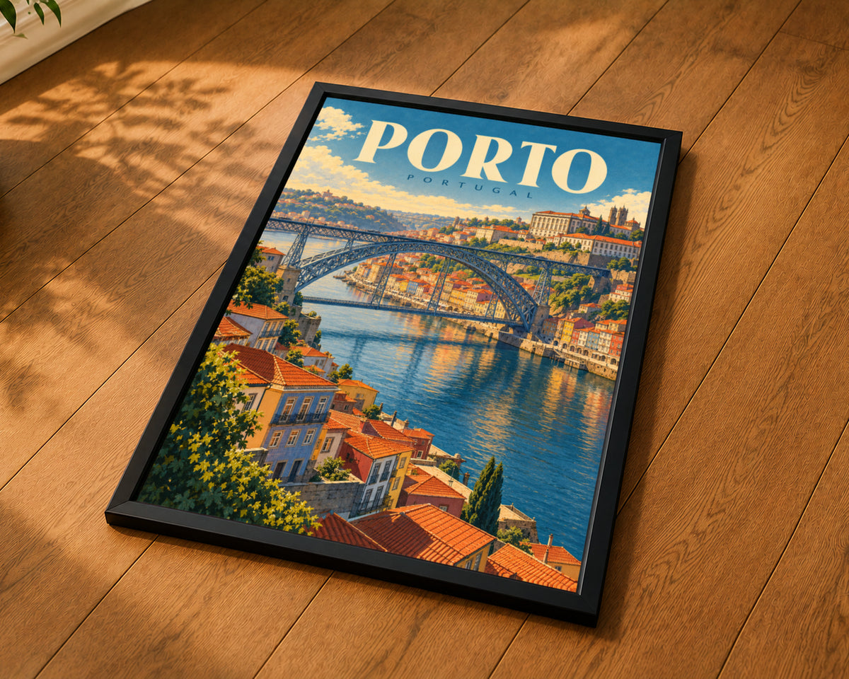 Porto Portugal Travel Poster – Vintage Riverside Cityscape Art Print