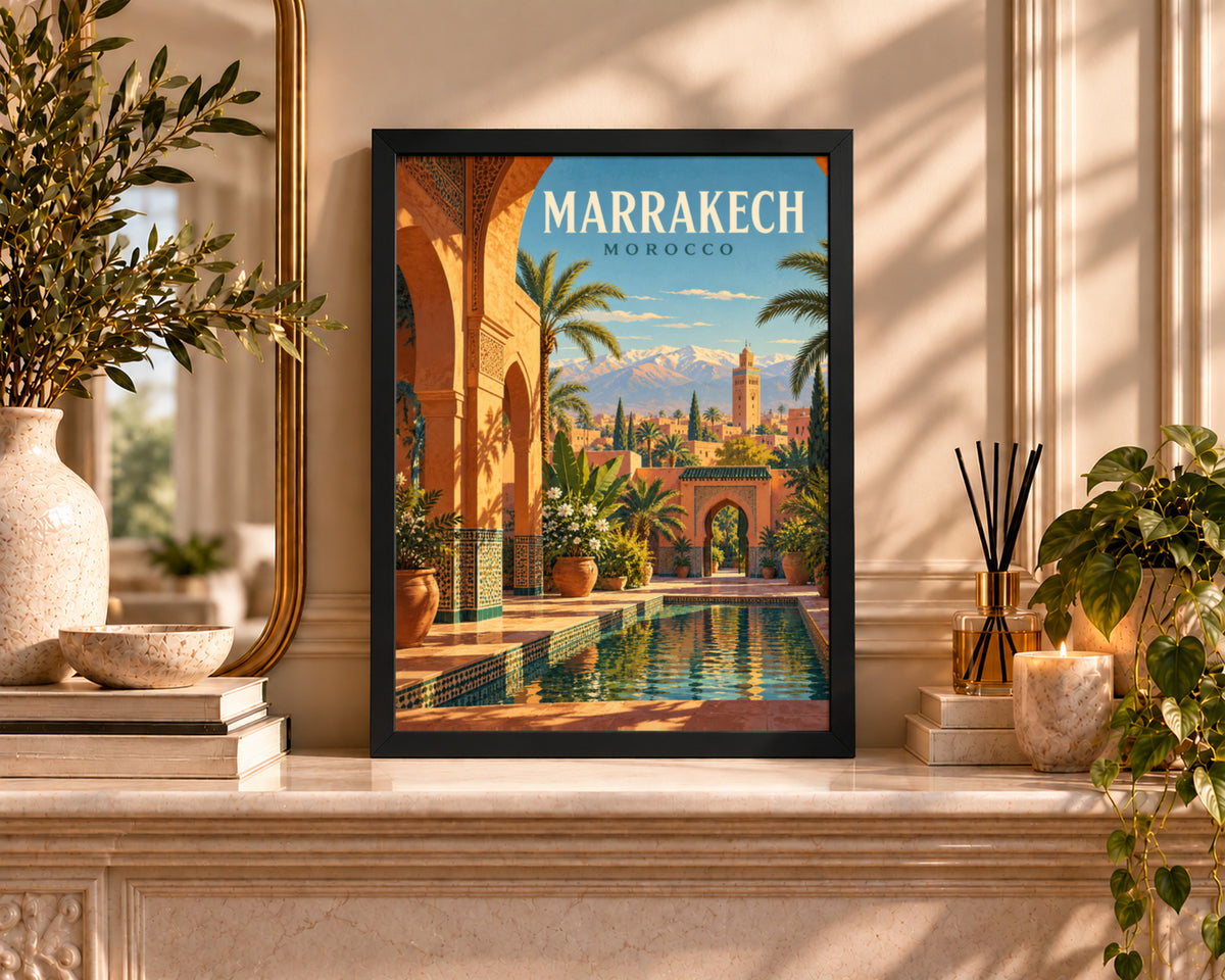Marrakech Courtyard Pool – Retro Travel Poster Wall Art