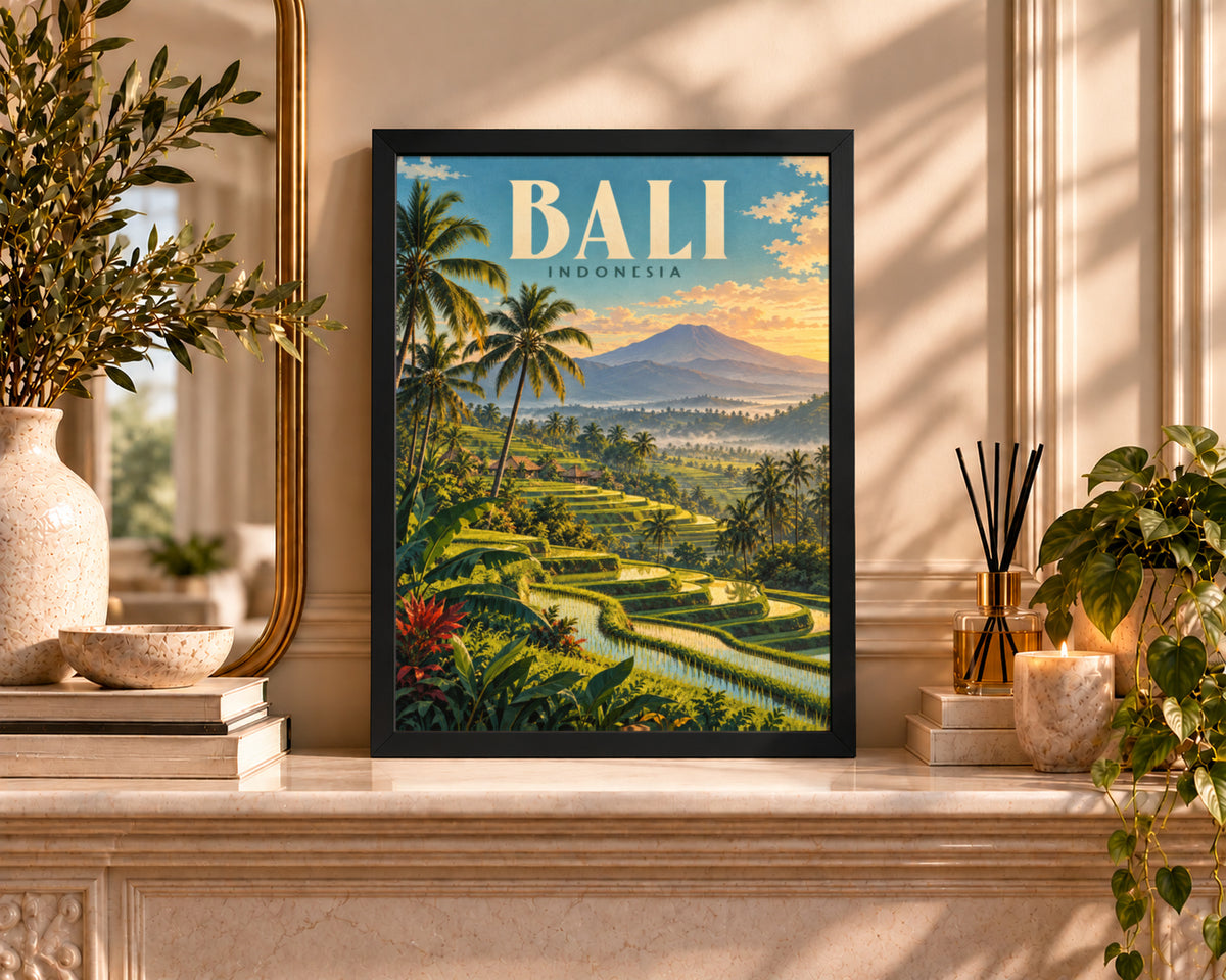 Bali Indonesia Sunset Terrace – Vintage Travel Poster Art Print
