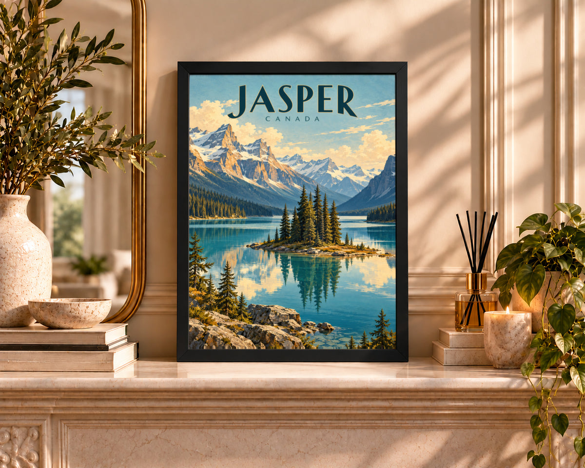 Jasper Canada Mountain Lake – Art Deco Travel Landscape Art Print
