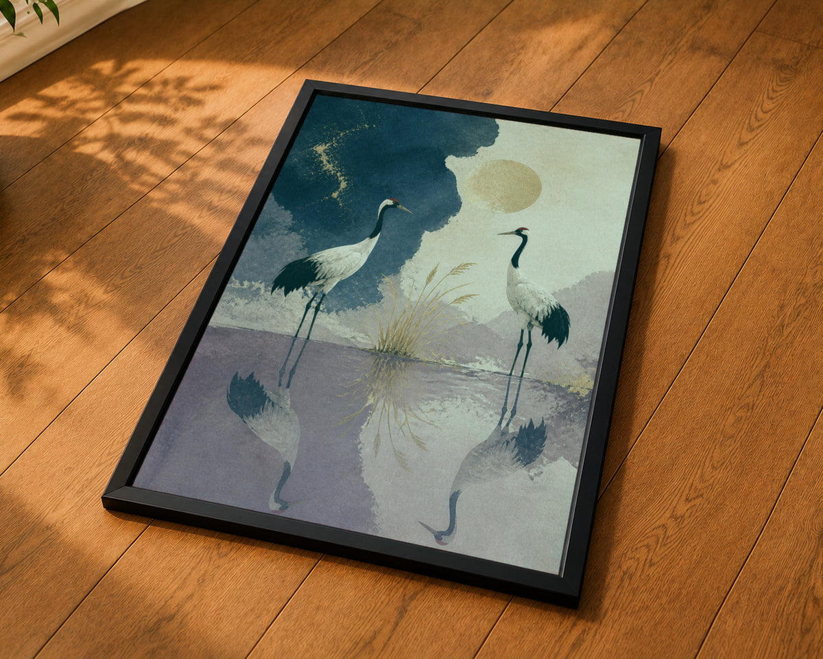 Crane Reflection – Serene Crane Waterscape Art Print