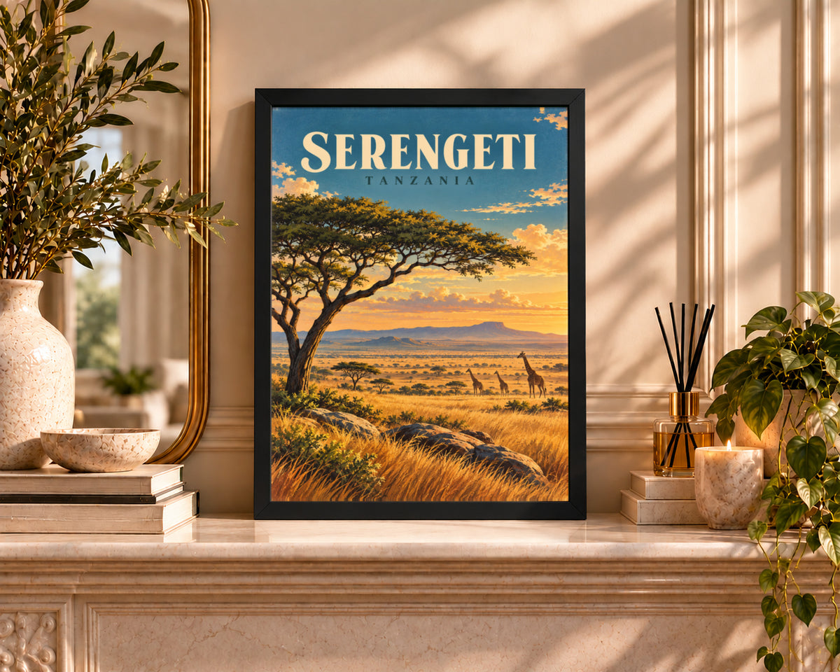 Serengeti Safari Sunset – Giraffes at the Acacia Tree Travel Wall Art