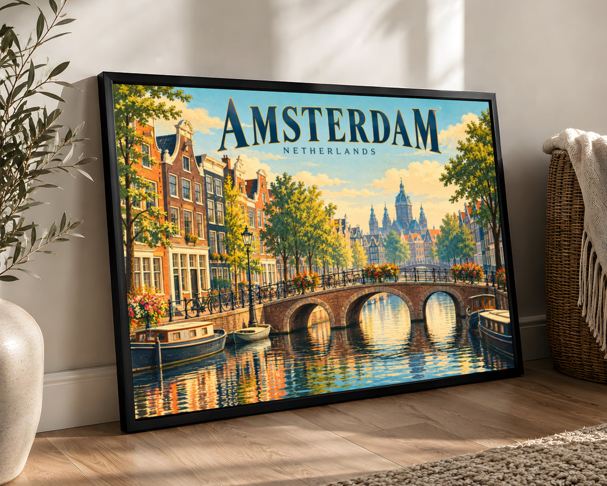 Amsterdam Canal Bridge – Retro Travel Wall Art