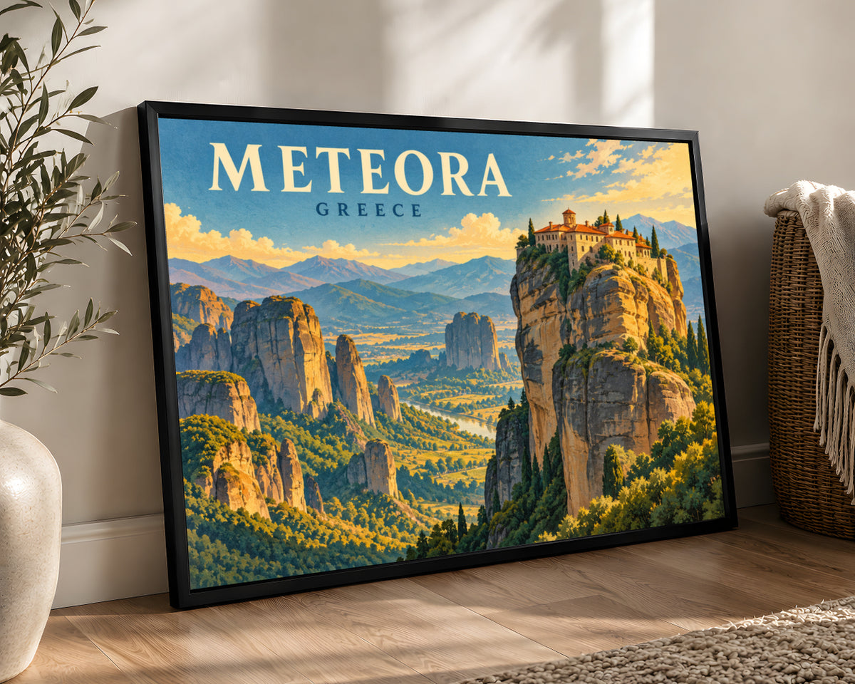 Meteora Greece – Retro Vintage Mountain Landscape Poster