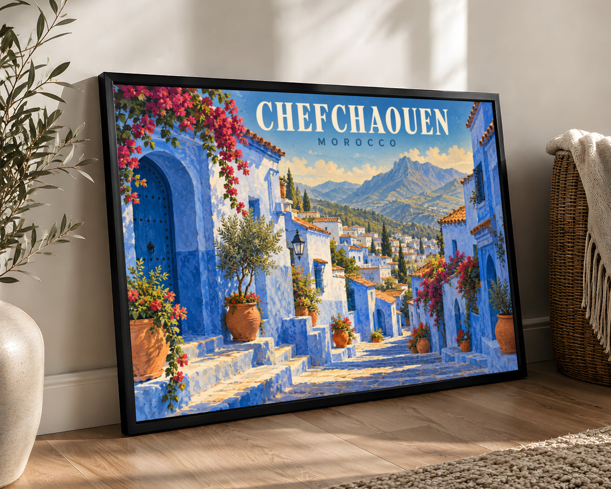 Chefchaouen Morocco Blue Street – Vintage Travel Poster Art Print