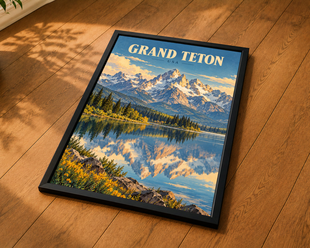 Grand Teton USA – Vintage Travel-Poster Lake and Mountain Wall Art
