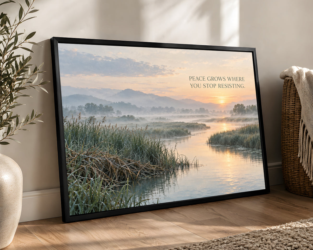 Peace Over Misty River – Misty Landscape Inspirational Poster