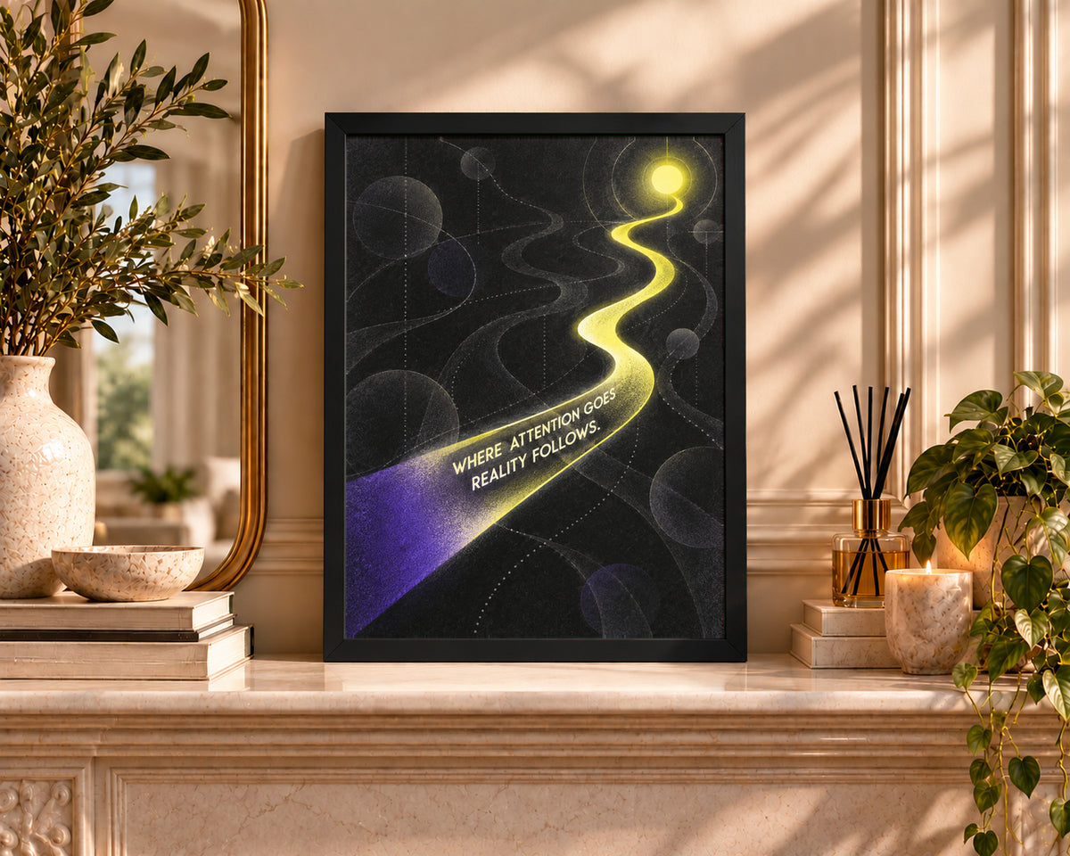 Where Attention Goes, Reality Follows – Abstract Typography Poster