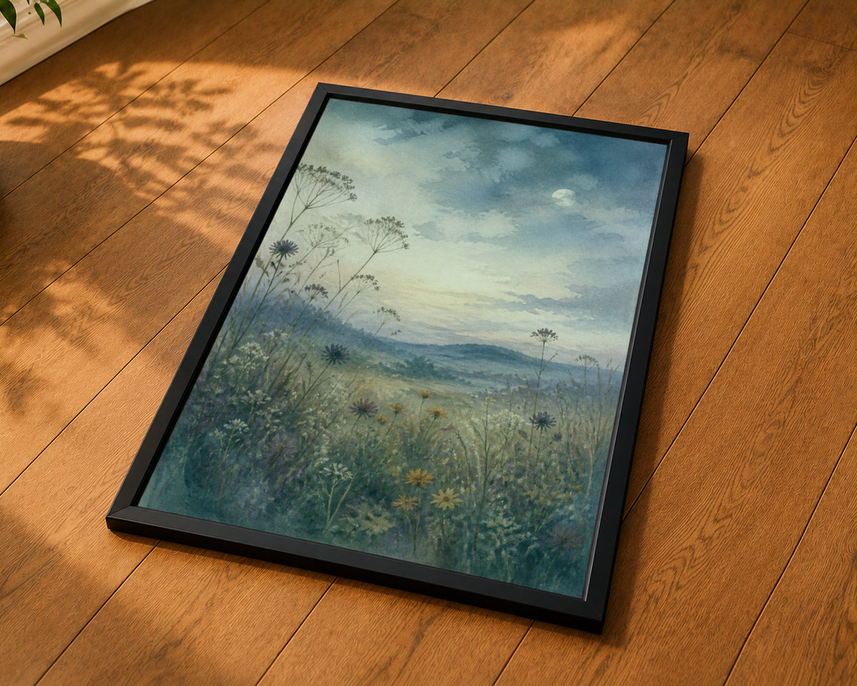 Moonlit Wildflower Meadow – Serene Watercolour Landscape Art Print