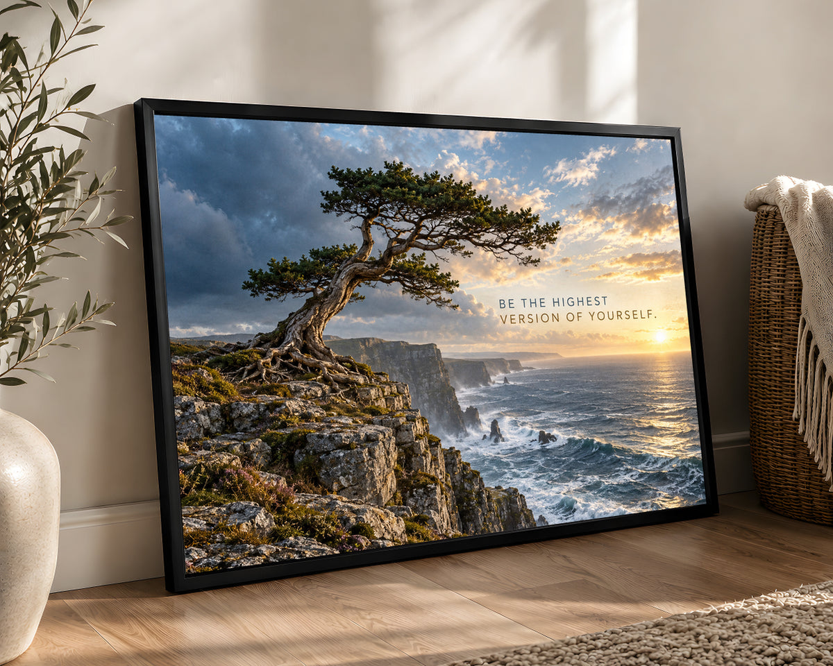 Coastal Tree at Sunset – Inspirational Ocean Landscape Art Print
