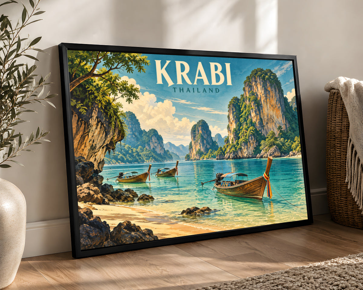 Krabi Thailand Seascape – Retro Travel Poster Art Print