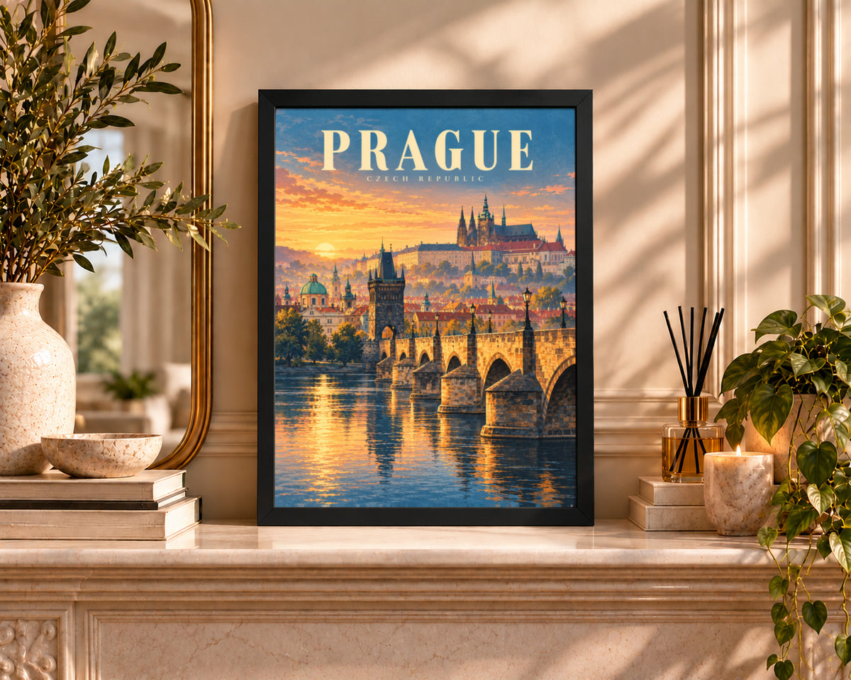 Prague Sunset Bridge – Vintage Travel Poster Art Print