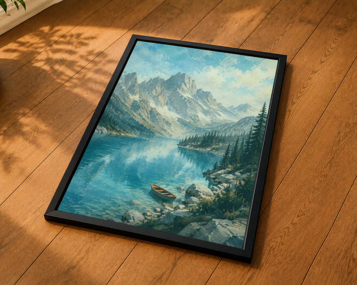 Alpine Lake and Rowboat – Serene Mountain Landscape Art Print