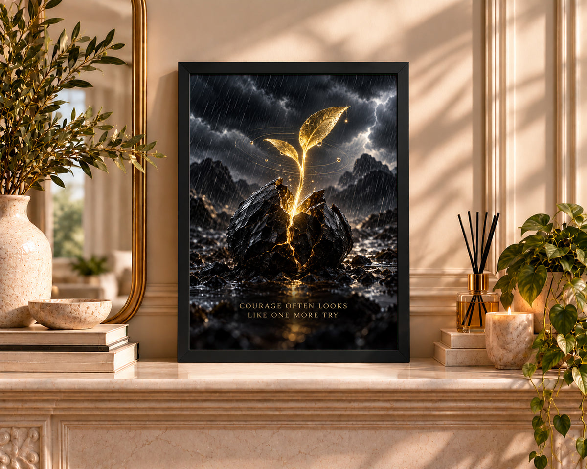 Golden Sprout in the Storm – Courage Often Looks Like One More Try Art Print
