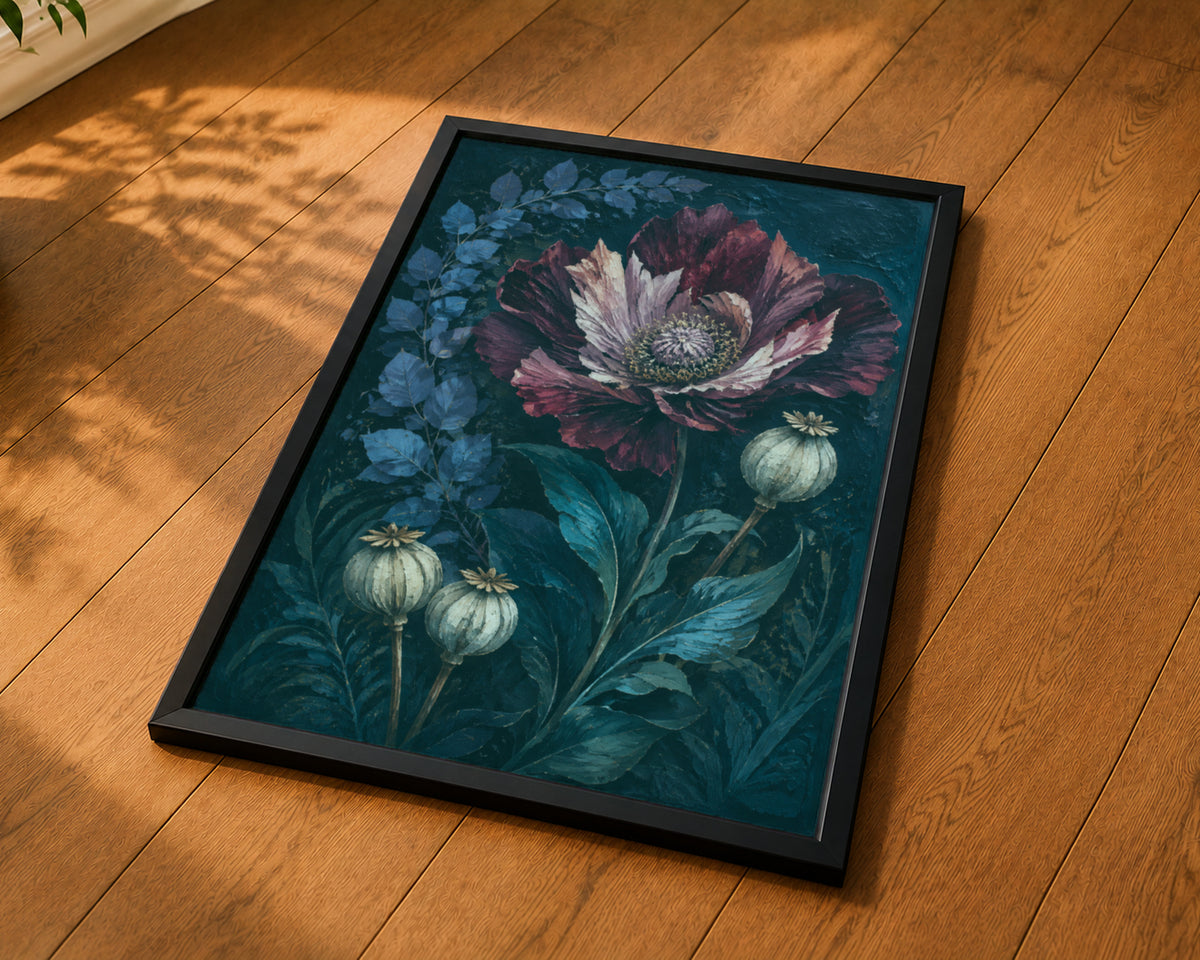 Crimson Bloom with Seed Pods – Dramatic Botanical Art Print