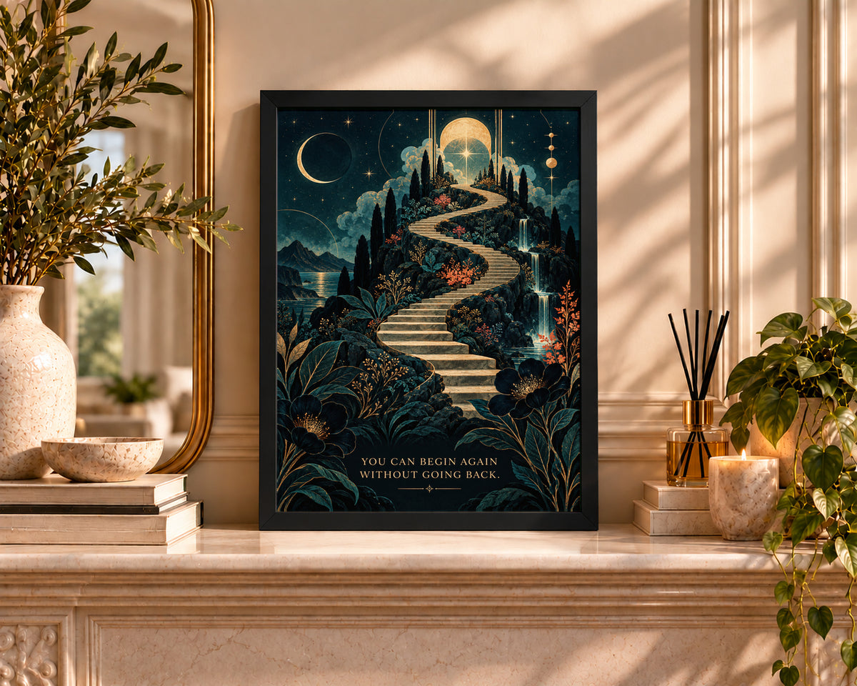 Celestial Stairway to Renewal – Renewal Quote Fantasy Landscape Poster