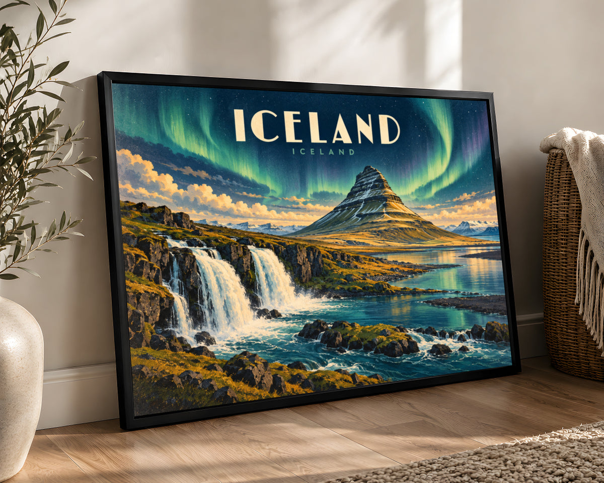 Iceland Aurora Landscape – Nordic Aurora Waterfall Art Print