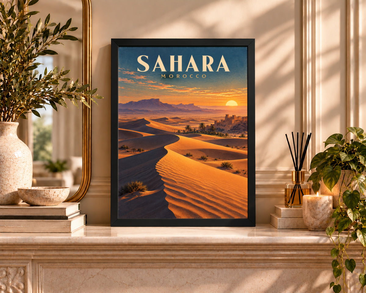 Sahara Morocco Desert Sunset – Retro Travel Landscape Wall Art