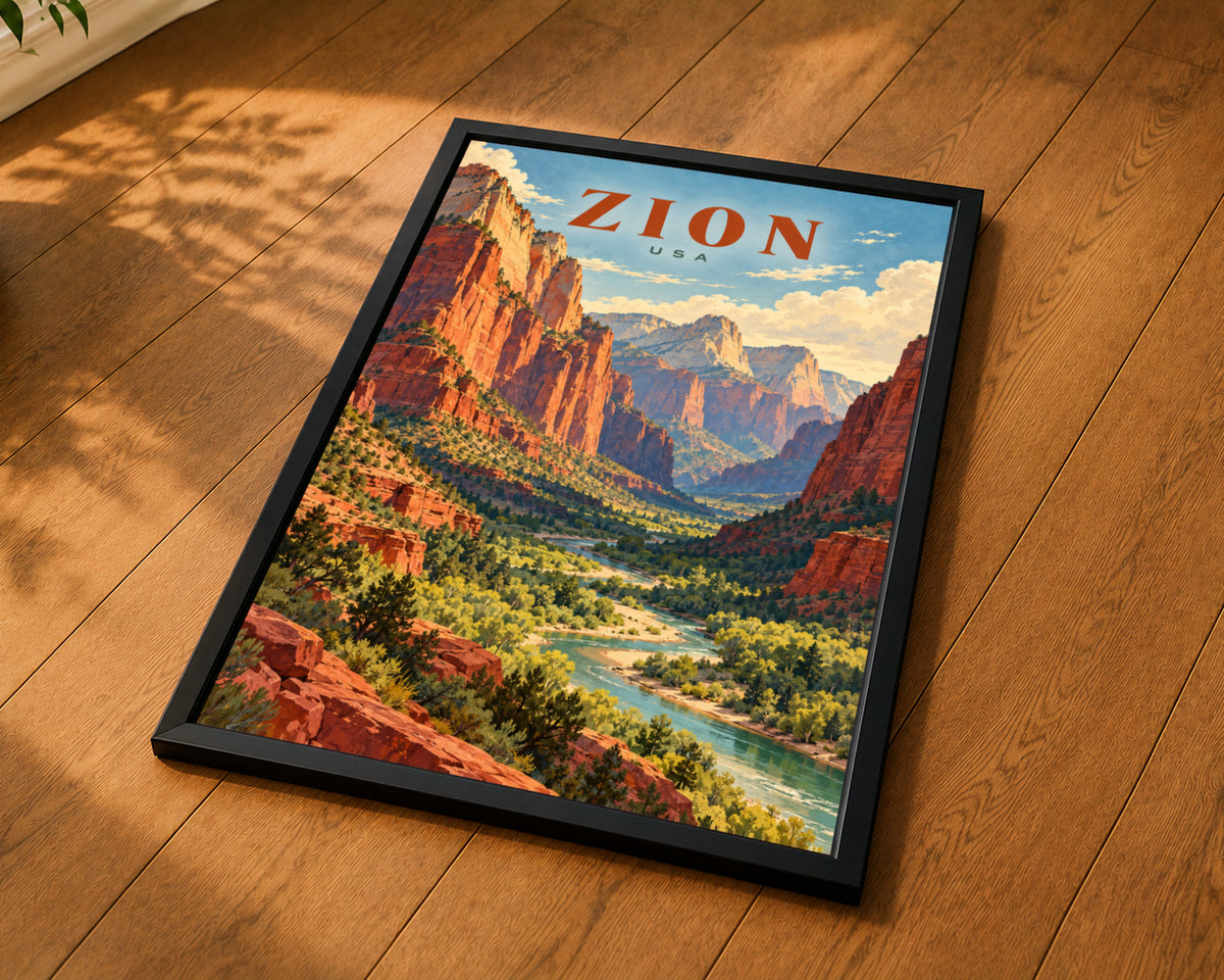 Zion Canyon Travel Poster – Retro Desert Landscape Wall Art
