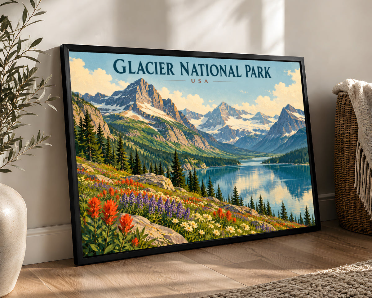 Glacier National Park Vista – Retro Travel Landscape Art Print