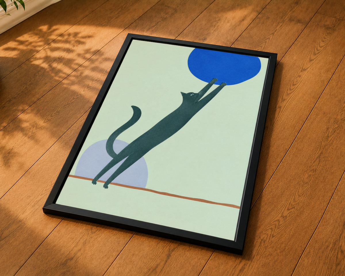 Black Cat and Blue Circle – Minimalist Cat Art Print