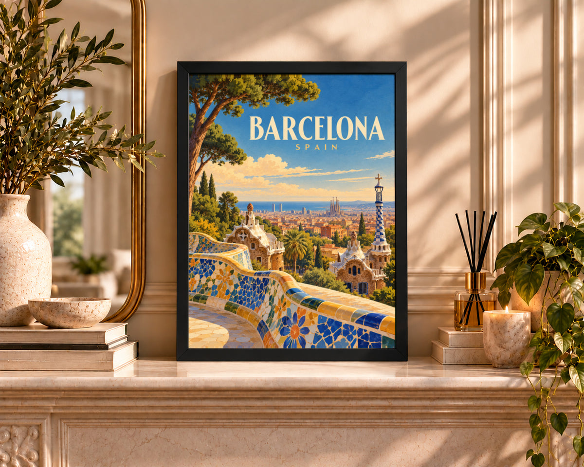 Barcelona Skyline Poster – Retro Travel Cityscape Art Print