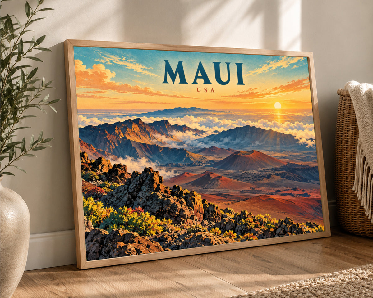 Maui Sunrise Landscape – Vibrant Travel-Poster-Style Maui USA Wall Art