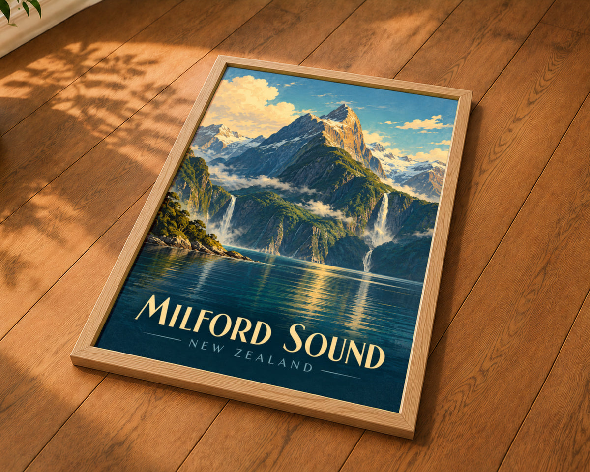 Milford Sound – Retro Fjord Landscape Art Print