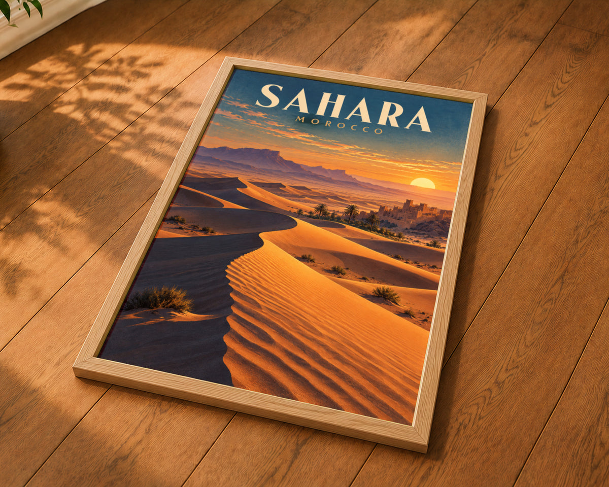 Sahara Morocco Desert Sunset – Retro Travel Landscape Wall Art