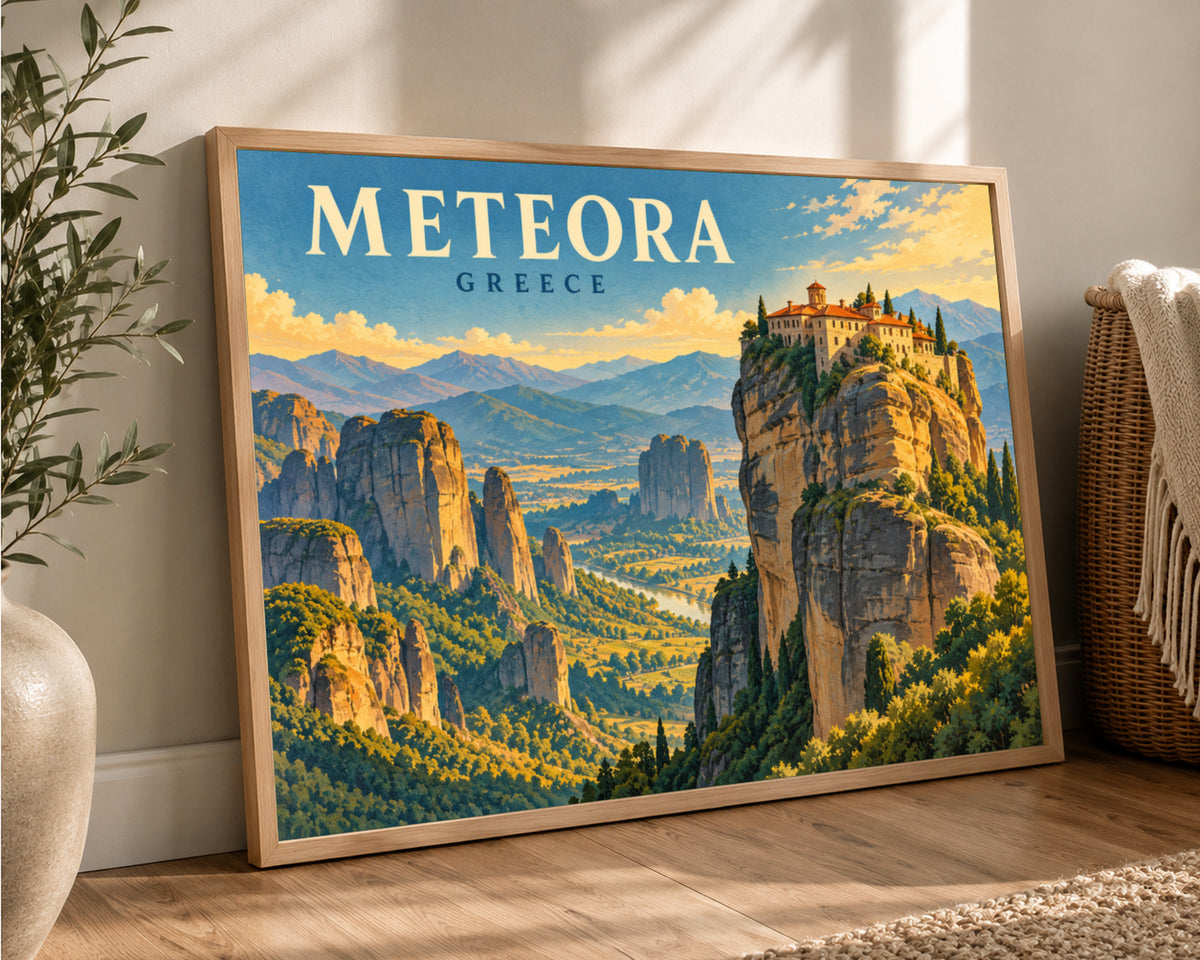 Meteora Greece – Retro Vintage Mountain Landscape Poster